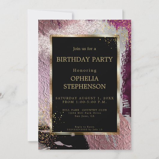 誕生日 |金属はっきりしたカシスフェイクブラシストローク 招待状 (正面)