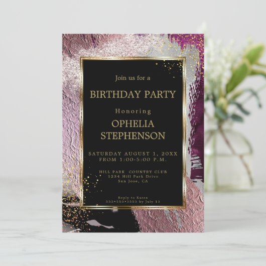 誕生日 |金属はっきりしたカシスフェイクブラシストローク 招待状 (スタンド正面)