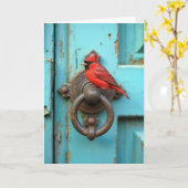 誕生日(鳥)ショウジョウコウカンチョウの錆びたドアノッカー カード (黄色い花)