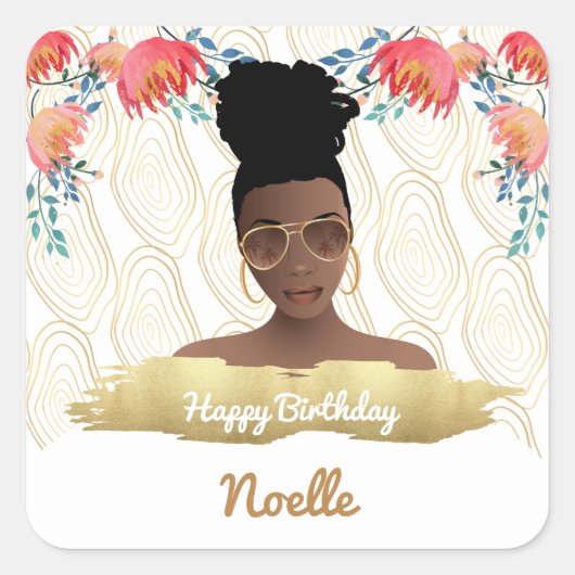誕生日、黒人女性、花お洒落の金ゴールド スクエアシール (正面)