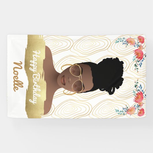 誕生日、黒人女性、花お洒落の金ゴールド 横断幕 (横)