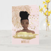 誕生日,黒人女性,金ゴールド熱帯葉,ピンク カード (黄色い花)