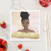 誕生日，黒人女性，金ゴールド熱帯葉，ピンク スタンダードランチョンナプキン (インサイチュ)