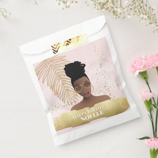 誕生日，黒人女性，金ゴールド熱帯葉，ピンク フェイバーバッグ (封をした状態)