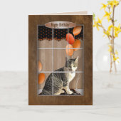 誕生日- Cat Looking out Window - Balloons カード (黄色い花)