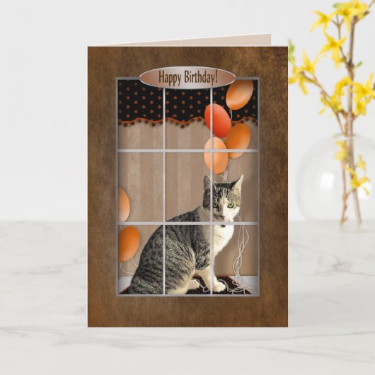 誕生日- Cat Looking out Window - Balloons カード (黄色い花)