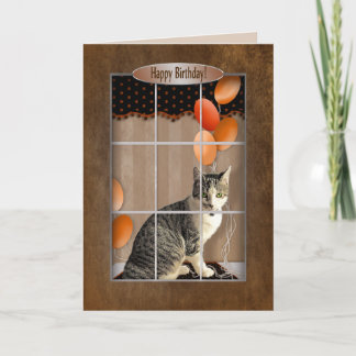 誕生日- Cat Looking out Window - Balloons カード