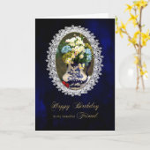 誕生日- FRIEND、アンティークフローブルー花瓶、花 カード (黄色い花)