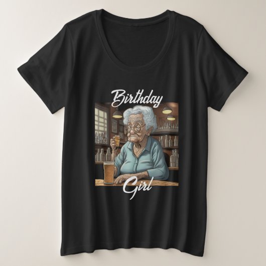誕生日 | Old Ladyがビールとショットを飲む プラスサイズTシャツ (デザイン正面)
