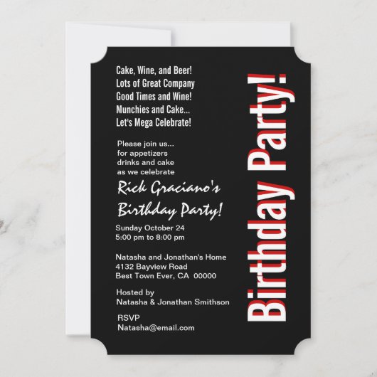 誕生日ANY モダン YEAR白黒レッドテンプレート 招待状 (正面)