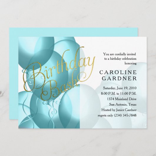 誕生日Bashターコイズバルーン任意の色バック 招待状 (正面/裏面)