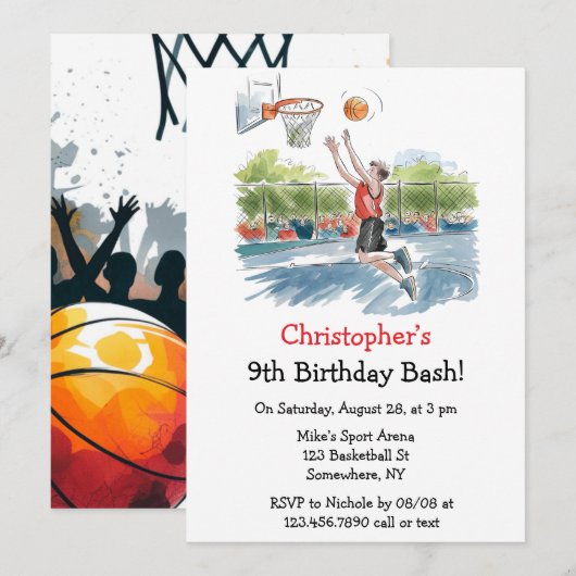 誕生日Bash:バスケと誇大広告 招待状 (正面/裏面)