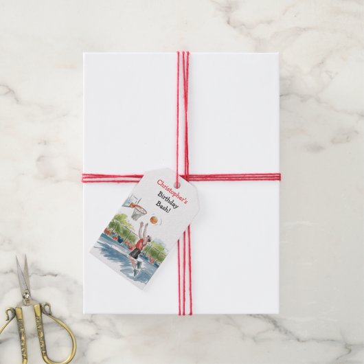 誕生日Bash:バスケと誇大感謝 ギフトタグ (より糸付き)