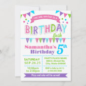 誕生日Bash Childrenパーティーピンクティール（緑がかった色）紫 招待状 (正面)