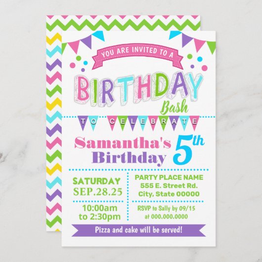 誕生日Bash Childrenパーティーピンクティール（緑がかった色）紫 招待状 (正面/裏面)