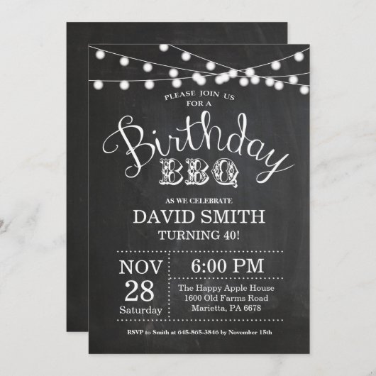 誕生日BBQの招待状の第40誕生日の黒板 招待状 (正面/裏面)
