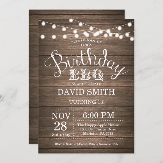 誕生日BBQの招待状の素朴な第13誕生日 招待状 (正面/裏面)