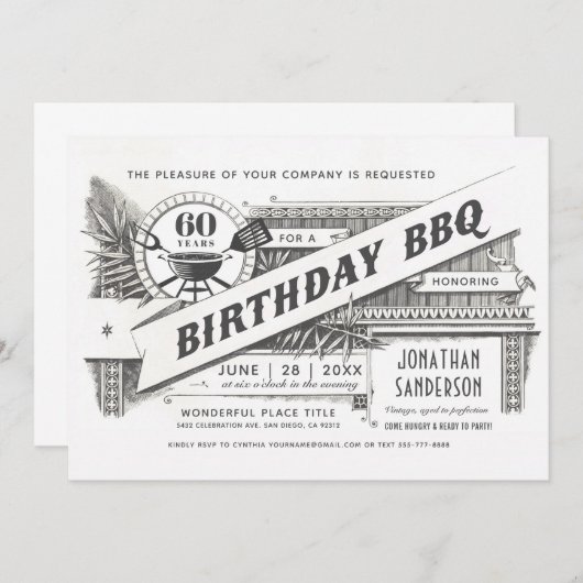 誕生日BBQの招待状|の最高のヴィンテージ 招待状 (正面/裏面)