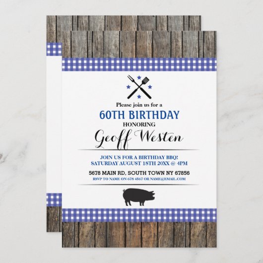 誕生日BBQ年齢の青いブタのローストの木製の招待 招待状 (正面/裏面)