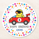 誕生日DUCKレースカーボーイレッドレーシングキッド名 ラウンドペーパーコースター (正面)