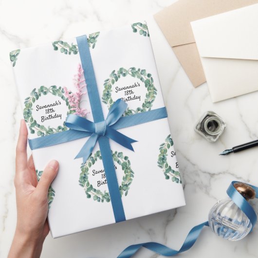 誕生日eucalyptus greeneryリース名スクリプト ラッピングペーパー (ギフト)