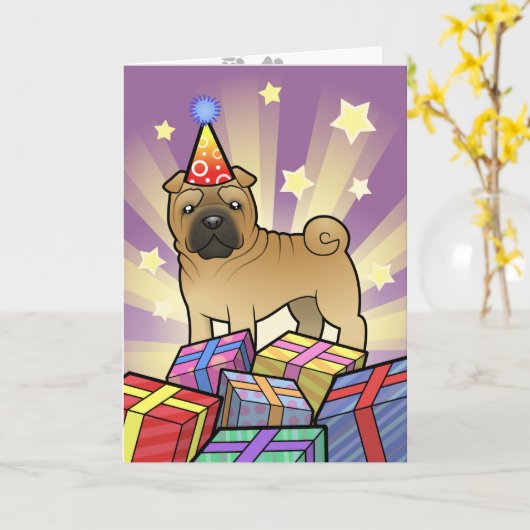 誕生日Shar Pei カード (黄色い花)