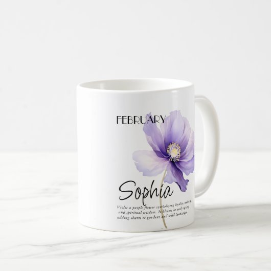 誕生月2月の花パーソナライズされた コーヒーマグカップ (正面右)