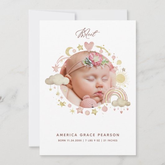 誕生生まれたばかりのベビーガール写真ありがとう 案内状 (正面)