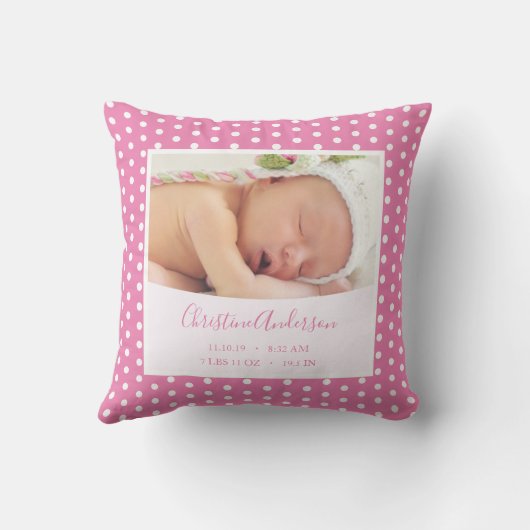 誕生生まれたばかりの統計と写真を持つベビーガール クッション (裏面)