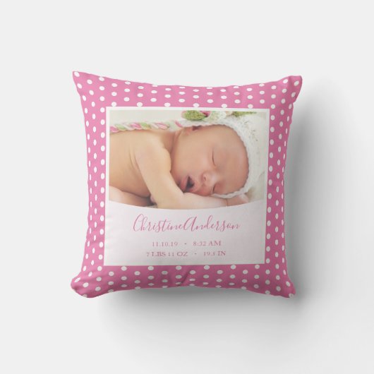 誕生生まれたばかりの統計と写真を持つベビーガール クッション (正面)