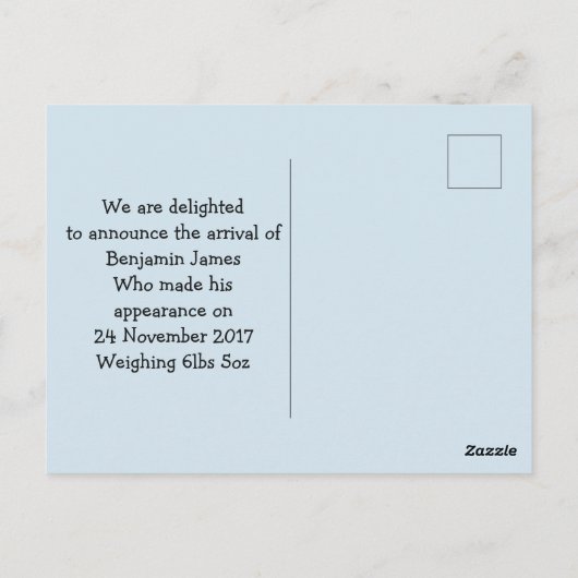 誕生発表カスタム写真男の赤ちゃん ポストカード (裏面)