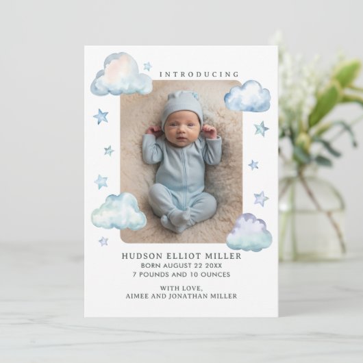 誕生発表クラウド&スター男の赤ちゃんカード 案内状 (スタンド正面)