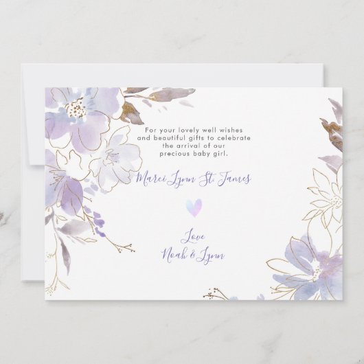 誕生発表シャワ感謝していーUパープルスイートピー 招待状 (裏面)