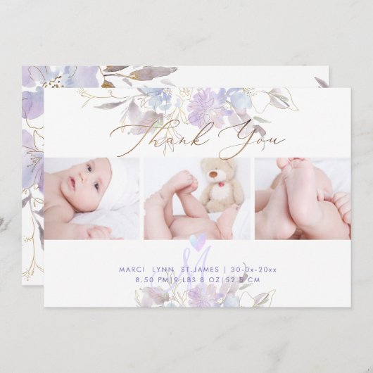 誕生発表シャワ感謝していーUパープルスイートピー 招待状 (正面/裏面)