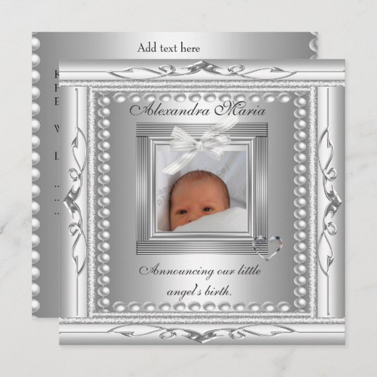 誕生発表シルバーフォトフレーム弓 案内状 (正面/裏面)