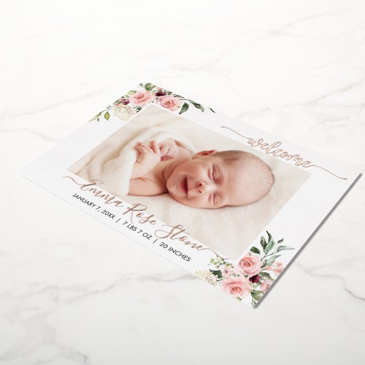 誕生発表フォトカードピンクのバラとホイル 箔招待状 (回転した状態)