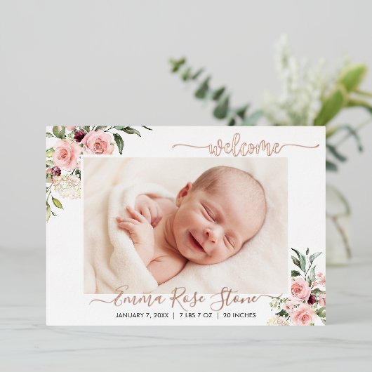 誕生発表フォトカードピンクのバラとホイル 箔招待状 (立ち正面)