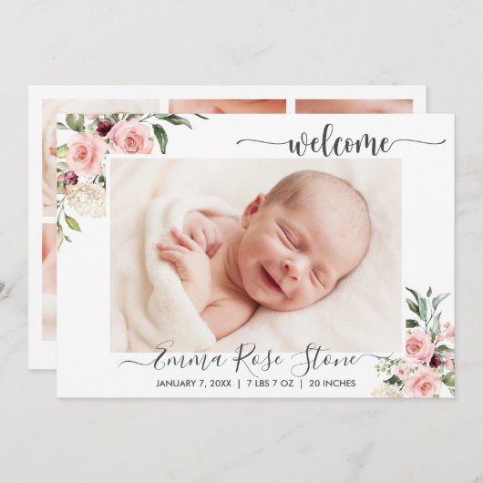 誕生発表フォトカードピンクローズ 案内状 (正面/裏面)