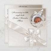 誕生発表ベージュ写真フレームボウ 案内状 (正面/裏面)