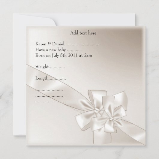 誕生発表ベージュ写真フレームボウ 案内状 (裏面)