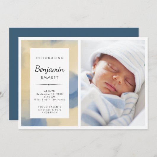 誕生発表ボーイブルーウォーターカラー写真 案内状 (正面/裏面)