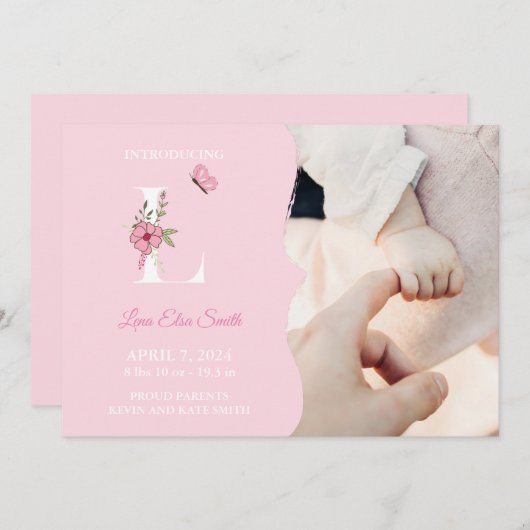 誕生発表女の子イニシャルL 招待状 (正面/裏面)