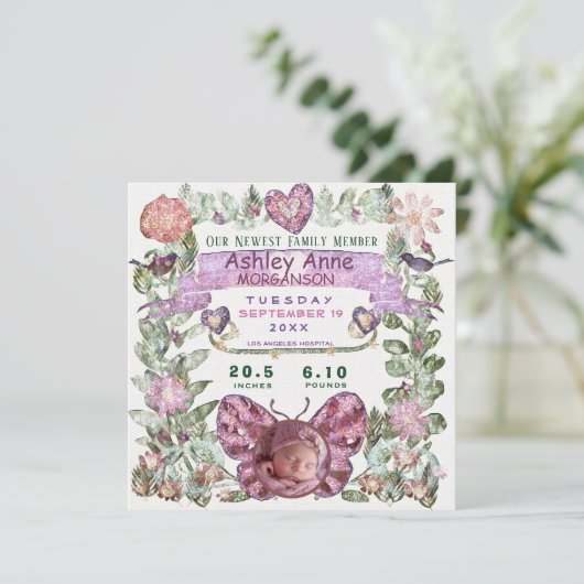 誕生発表水かわいらし色バタフライ 案内状 (スタンド正面)