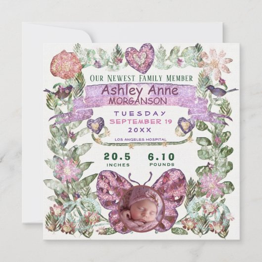 誕生発表水かわいらし色バタフライ 案内状 (正面)