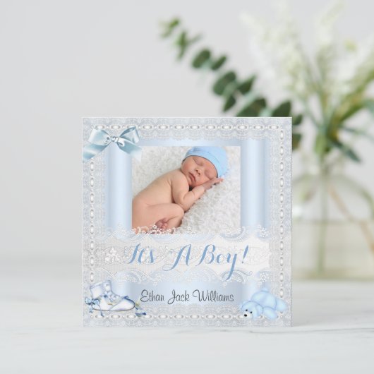 誕生発表男の赤ちゃんフォトシューズベア4 案内状 (スタンド正面)