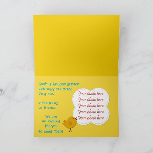誕生発表黄色の水玉模様写真 案内状 (内部)