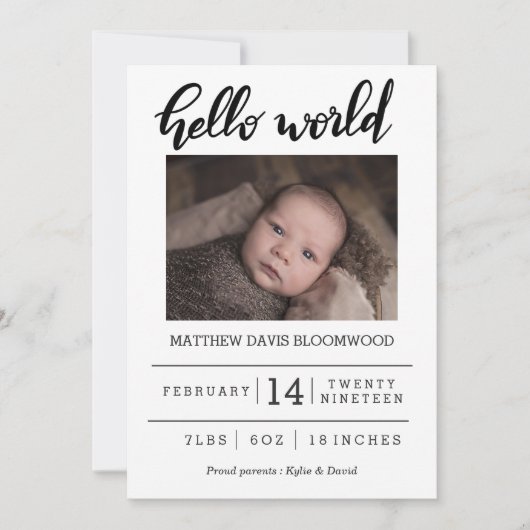 誕生発表Hello World手書き写真 案内状 (正面)