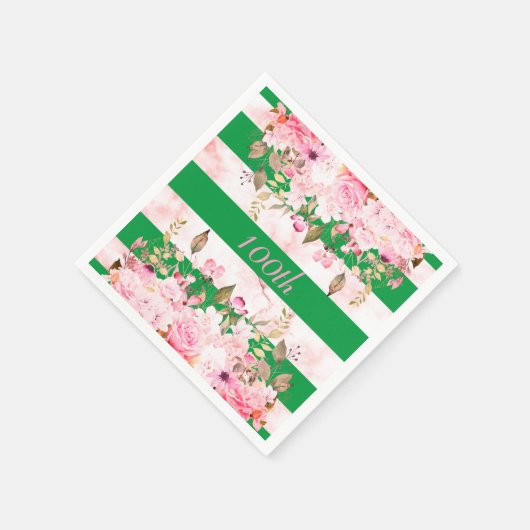 誕生祝いグリーンピンクストライプフローラ スタンダードカクテルナプキン (角)