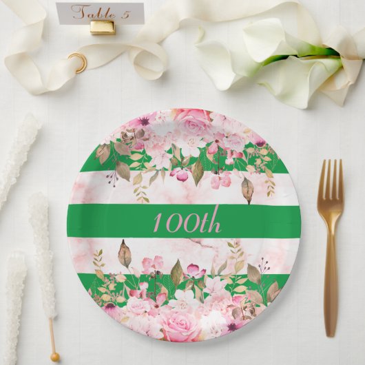 誕生祝いグリーンピンクストライプフローラ ペーパープレート (ウェディング)