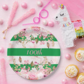 誕生祝いグリーンピンクストライプフローラ ペーパープレート (パーティー)